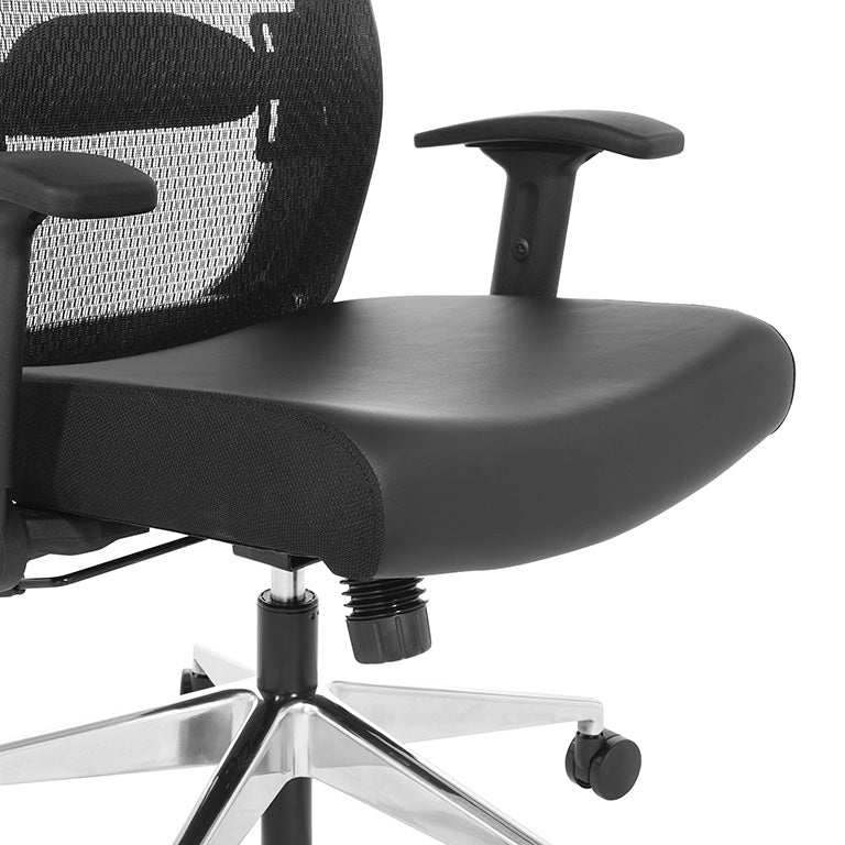 Black Matrix Back, Bonded Leather Seat, Height Adjustable Lumbar
Support, Adjustable Flip Arms with Polished Aluminum Back Support and Base