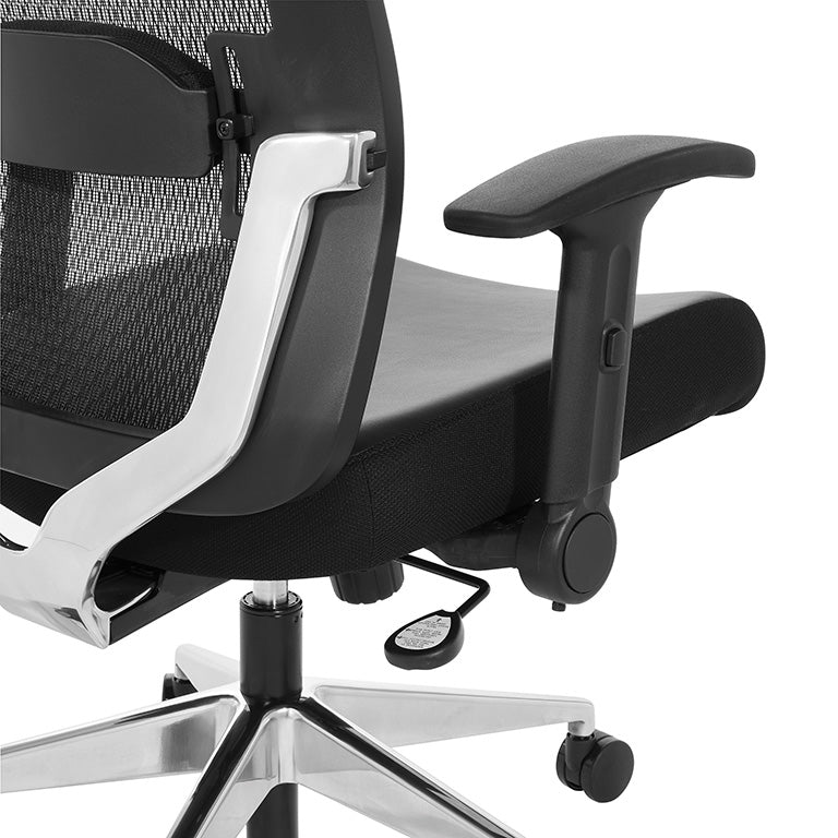 Black Matrix Back, Bonded Leather Seat, Height Adjustable Lumbar
Support, Adjustable Flip Arms with Polished Aluminum Back Support and Base