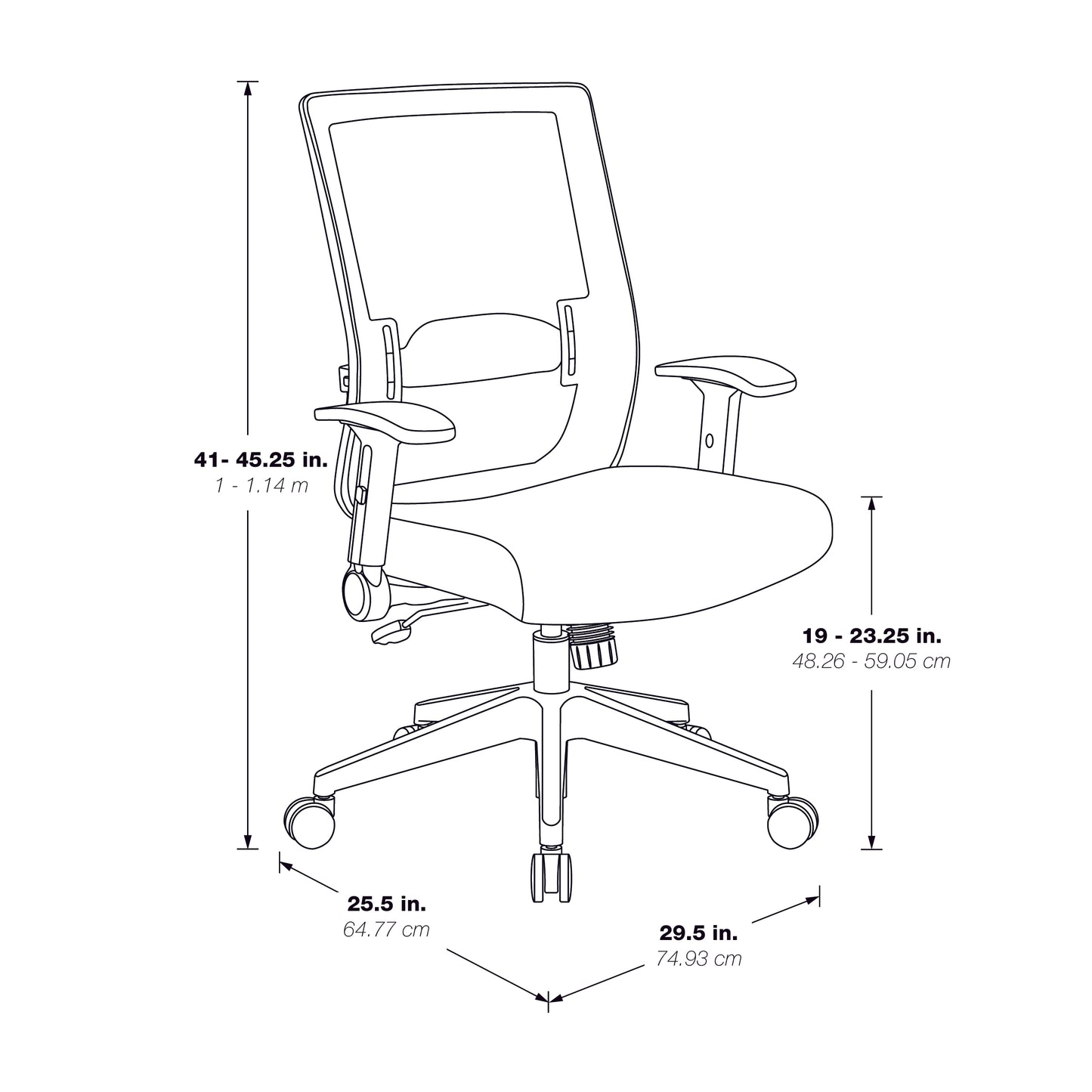 Black Matrix Back, Bonded Leather Seat, Height Adjustable Lumbar
Support, Adjustable Flip Arms with Polished Aluminum Back Support and Base