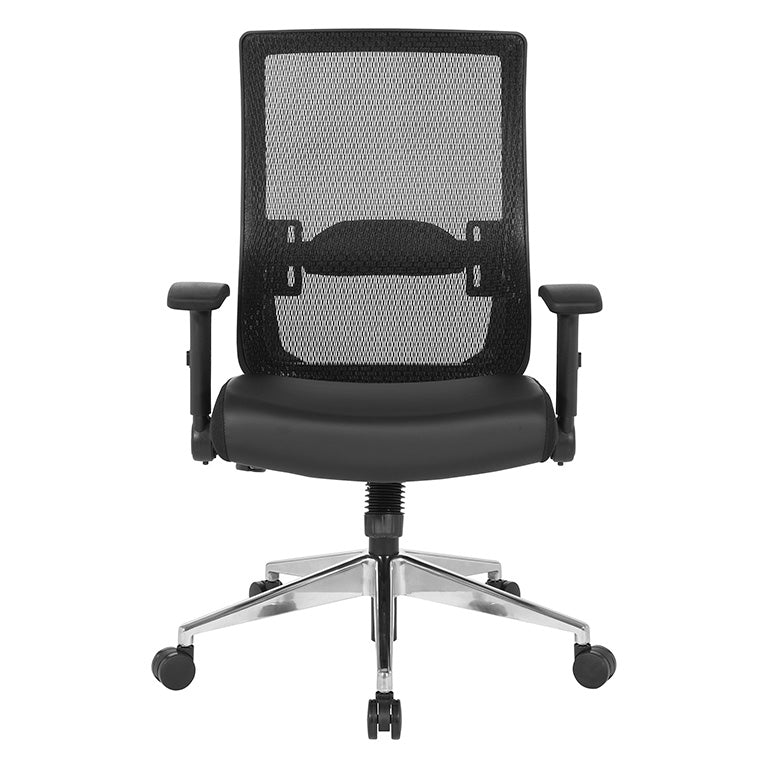 Black Matrix Back, Bonded Leather Seat, Height Adjustable Lumbar
Support, Adjustable Flip Arms with Polished Aluminum Back Support and Base