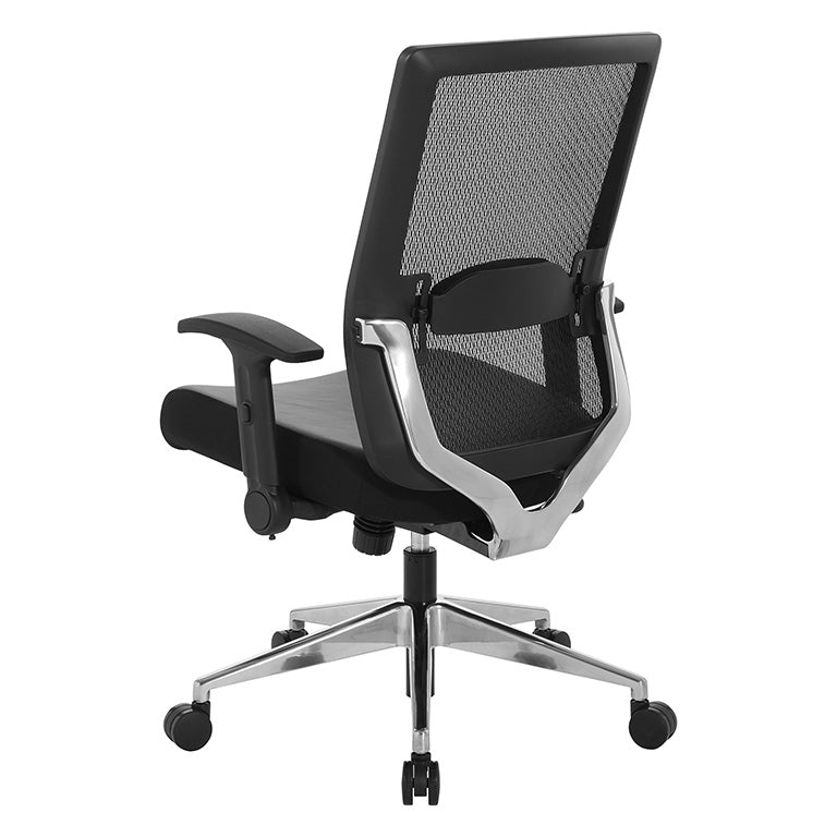 Black Matrix Back, Bonded Leather Seat, Height Adjustable Lumbar
Support, Adjustable Flip Arms with Polished Aluminum Back Support and Base