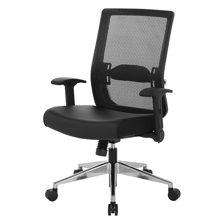 Black Matrix Back, Bonded Leather Seat, Height Adjustable Lumbar
Support, Adjustable Flip Arms with Polished Aluminum Back Support and Base
