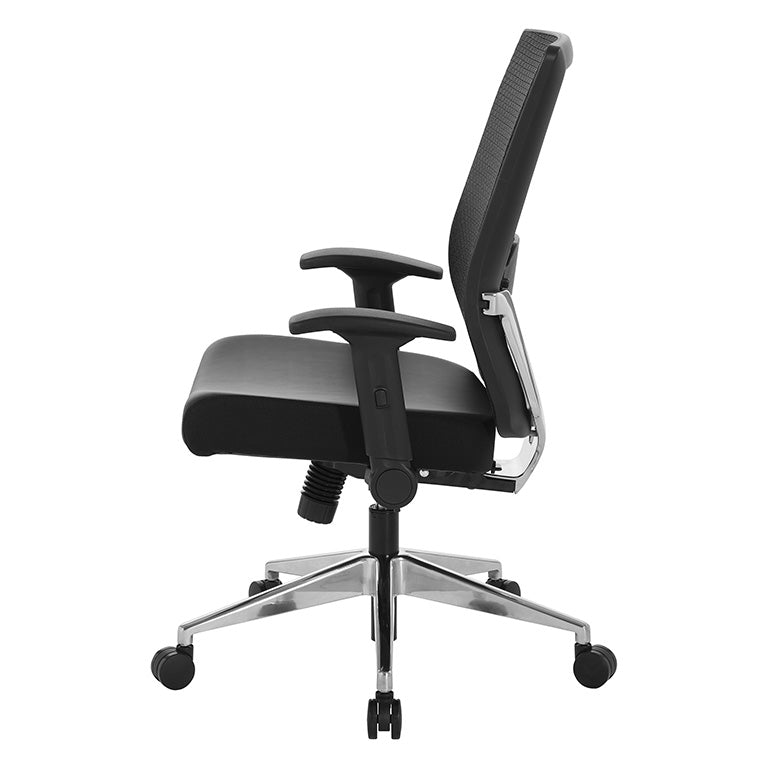 Black Matrix Back, Bonded Leather Seat, Height Adjustable Lumbar
Support, Adjustable Flip Arms with Polished Aluminum Back Support and Base