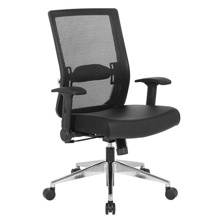 Black Matrix Back, Bonded Leather Seat, Height Adjustable Lumbar
Support, Adjustable Flip Arms with Polished Aluminum Back Support and Base