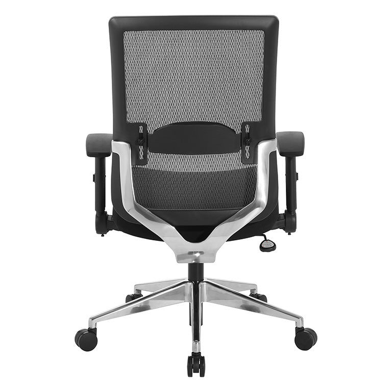 Black Matrix Back, Bonded Leather Seat, Height Adjustable Lumbar
Support, Adjustable Flip Arms with Polished Aluminum Back Support and Base