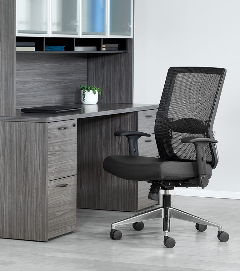 Black Matrix Back, Bonded Leather Seat, Height Adjustable Lumbar
Support, Adjustable Flip Arms with Polished Aluminum Back Support and Base
