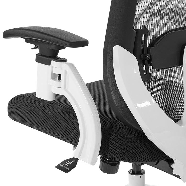 White Vertical Mesh Back Chair with Height Adjustable Lumbar
Support, Black Mesh Seat, Height Adjustable Padded Arms and White Angled Nylon Base