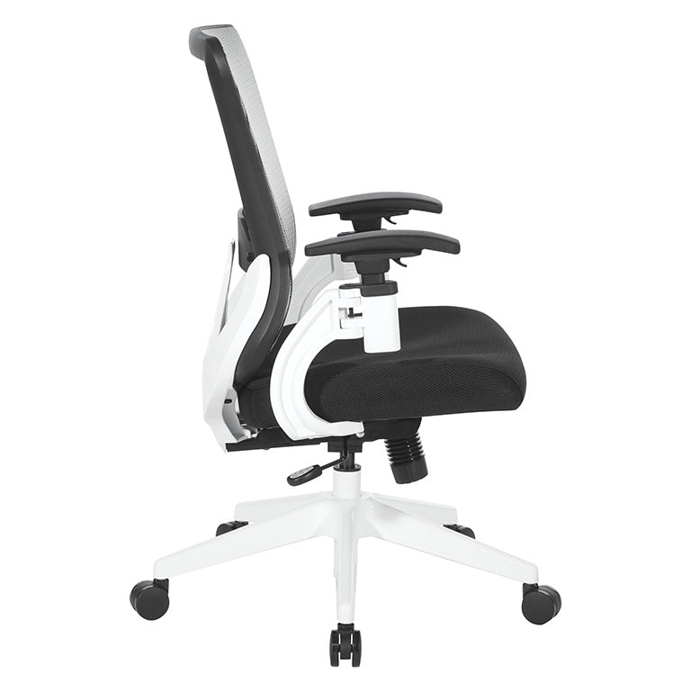 White Vertical Mesh Back Chair with Height Adjustable Lumbar
Support, Black Mesh Seat, Height Adjustable Padded Arms and White Angled Nylon Base