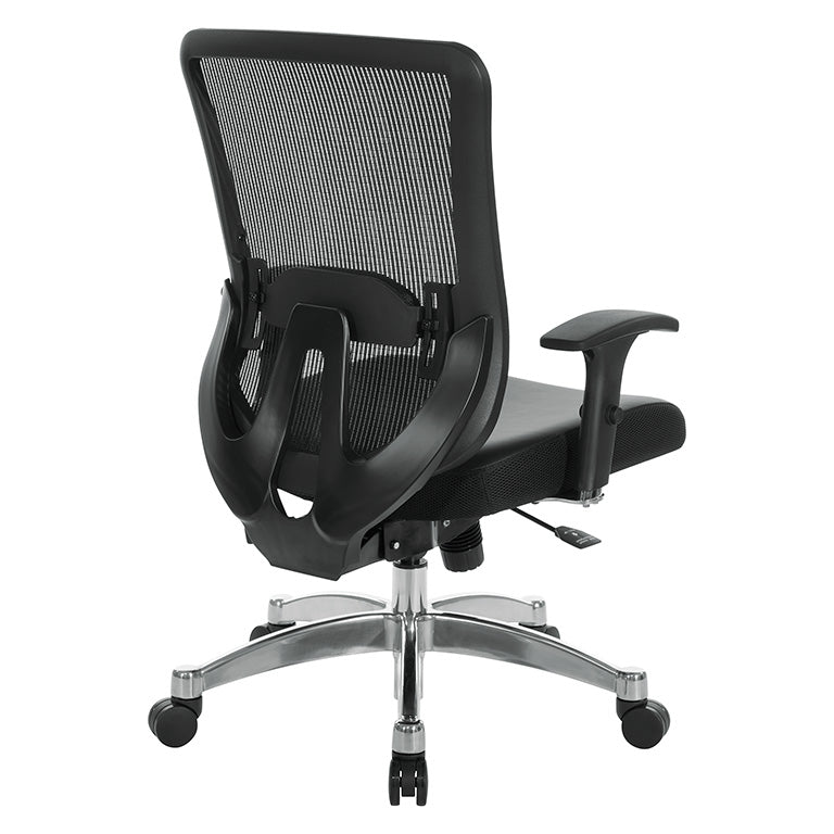 Black Vertical Mesh Back Chair with Height Adjustable Lumbar Support,
Black Bonded Seat, Height Adjustable Padded Arms and Polished Aluminum Base