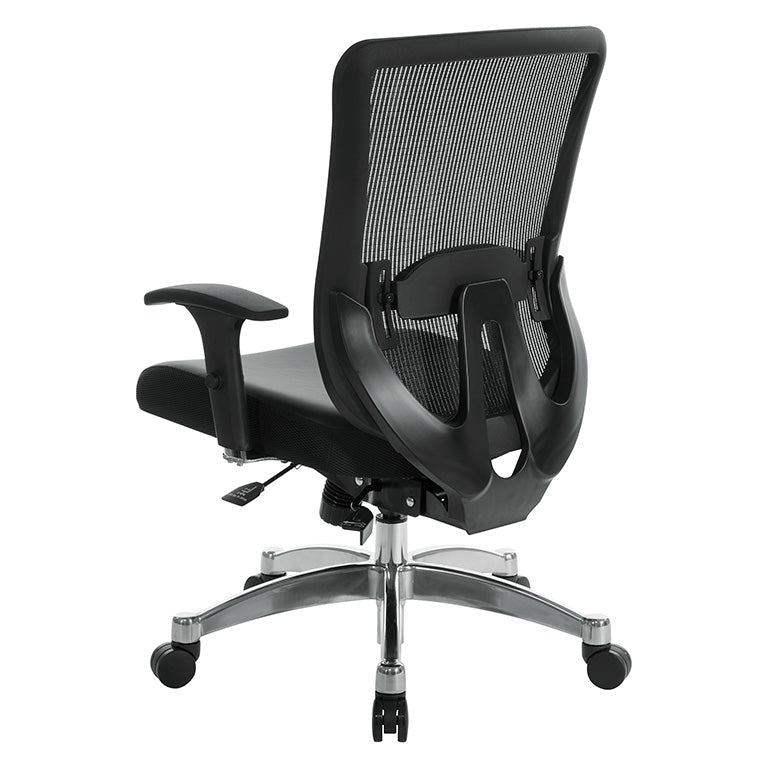 Black Vertical Mesh Back Chair with Height Adjustable Lumbar Support,
Black Bonded Seat, Height Adjustable Padded Arms and Polished Aluminum Base