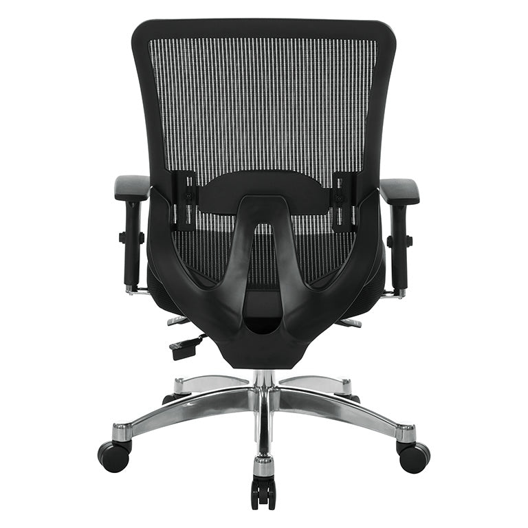 Black Vertical Mesh Back Chair with Height Adjustable Lumbar Support,
Black Bonded Seat, Height Adjustable Padded Arms and Polished Aluminum Base