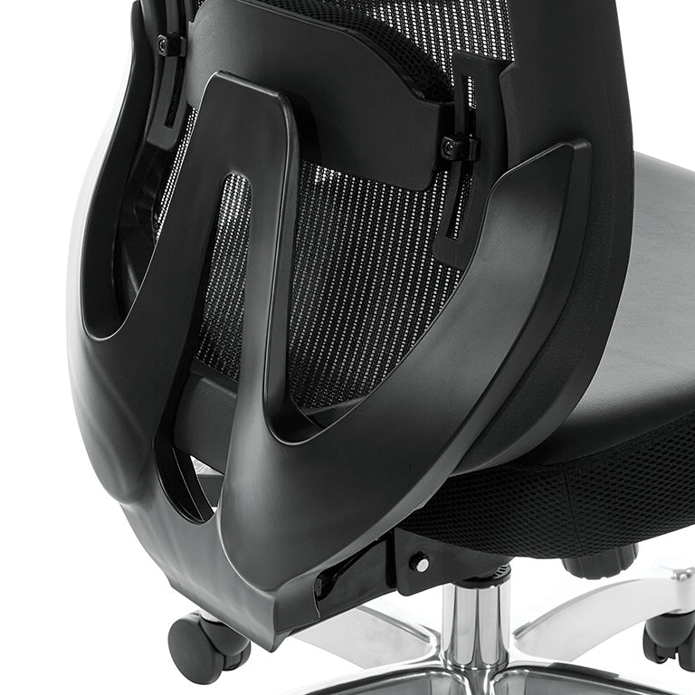 Black Vertical Mesh Back Chair with Height Adjustable Lumbar Support,
Black Bonded Seat, Height Adjustable Padded Arms and Polished Aluminum Base