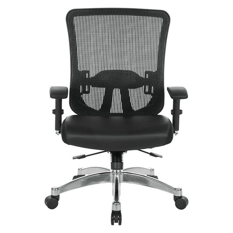Black Vertical Mesh Back Chair with Height Adjustable Lumbar Support,
Black Bonded Seat, Height Adjustable Padded Arms and Polished Aluminum Base