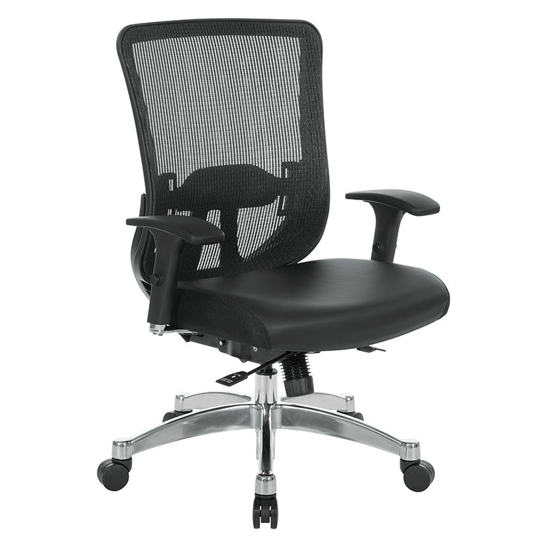 Black Vertical Mesh Back Chair with Height Adjustable Lumbar Support,
Black Bonded Seat, Height Adjustable Padded Arms and Polished Aluminum Base