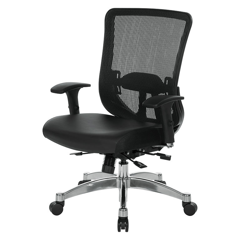 Black Vertical Mesh Back Chair with Height Adjustable Lumbar Support,
Black Bonded Seat, Height Adjustable Padded Arms and Polished Aluminum Base