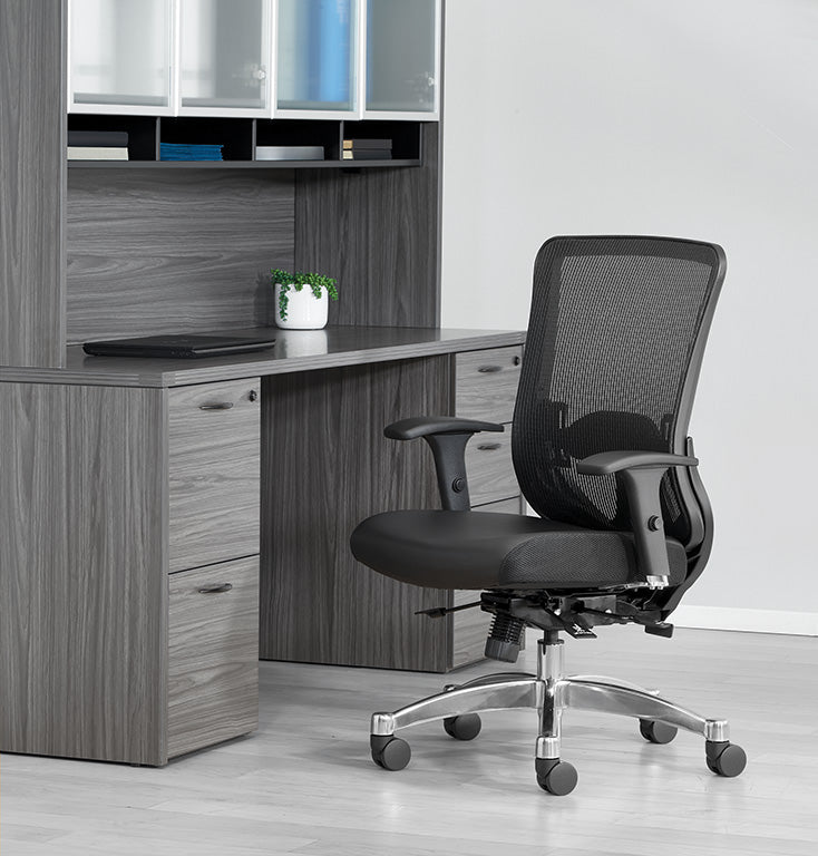 Black Vertical Mesh Back Chair with Height Adjustable Lumbar Support,
Black Bonded Seat, Height Adjustable Padded Arms and Polished Aluminum Base