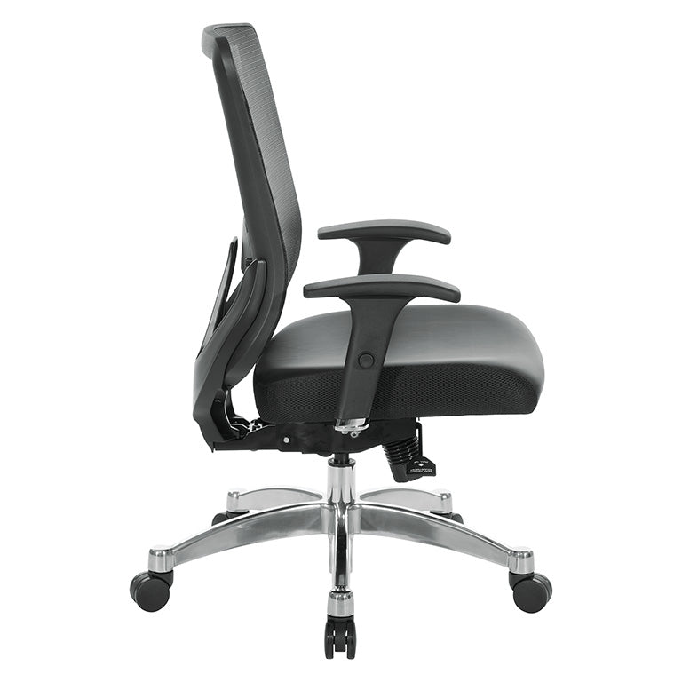 Black Vertical Mesh Back Chair with Height Adjustable Lumbar Support,
Black Bonded Seat, Height Adjustable Padded Arms and Polished Aluminum Base