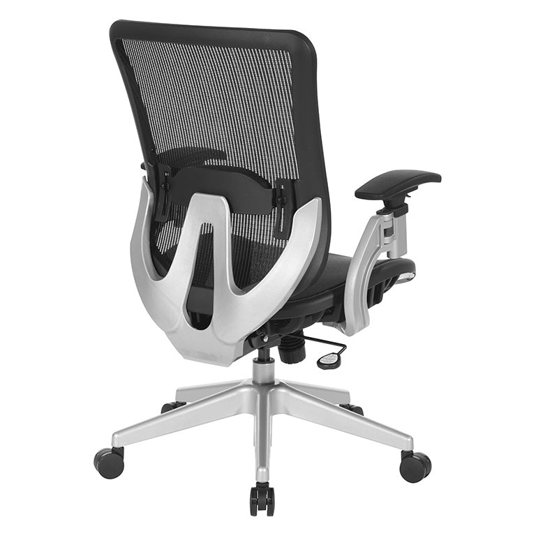 Black Vertical Mesh Seat and Back Chair with Height Adjustable Lumbar
Support, Height Adjustable Padded Arms and Silver Angled Nylon Base