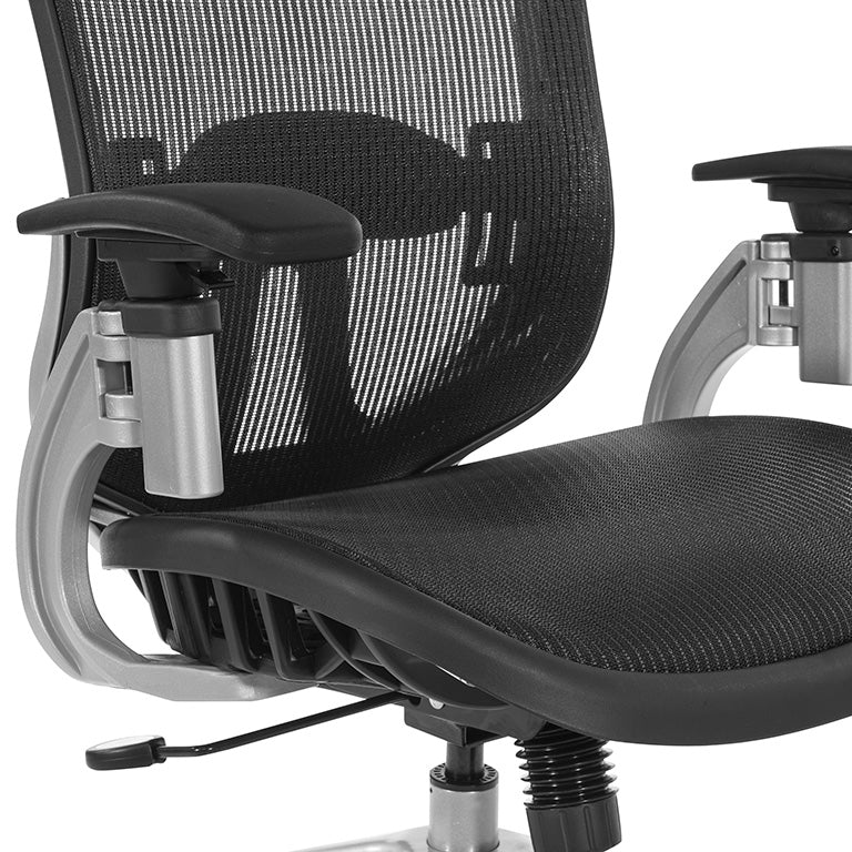 Black Vertical Mesh Seat and Back Chair with Height Adjustable Lumbar
Support, Height Adjustable Padded Arms and Silver Angled Nylon Base