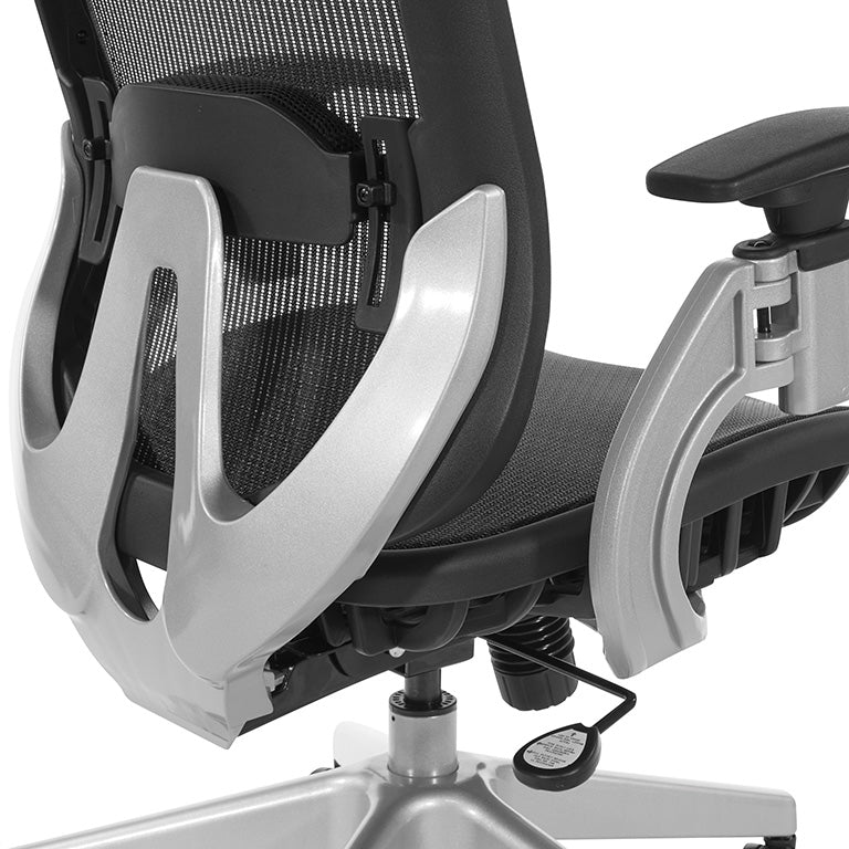 Black Vertical Mesh Seat and Back Chair with Height Adjustable Lumbar
Support, Height Adjustable Padded Arms and Silver Angled Nylon Base
