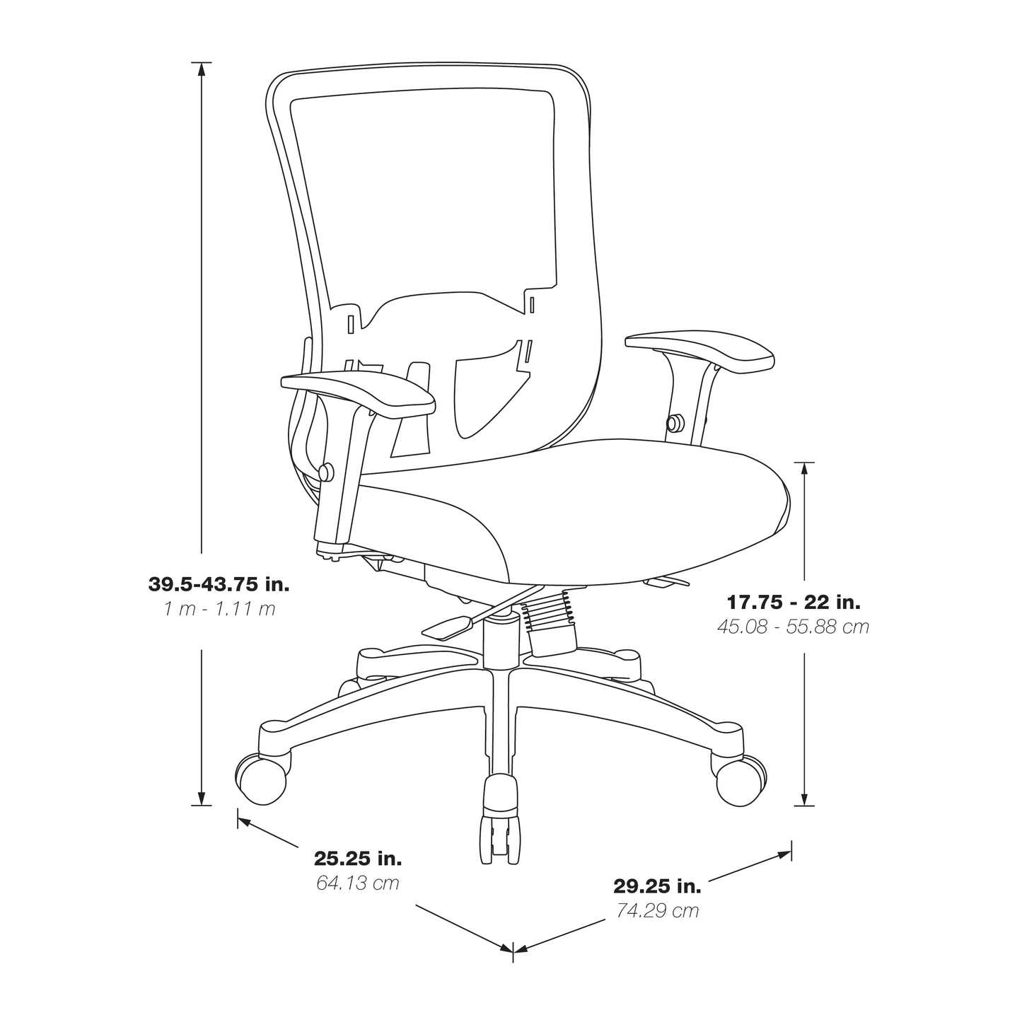 Black Vertical Mesh Seat and Back Chair with Height Adjustable Lumbar
Support, Height Adjustable Padded Arms and Silver Angled Nylon Base