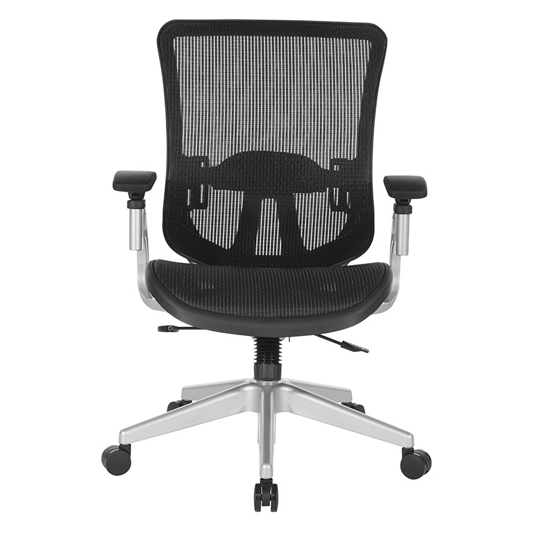 Black Vertical Mesh Seat and Back Chair with Height Adjustable Lumbar
Support, Height Adjustable Padded Arms and Silver Angled Nylon Base