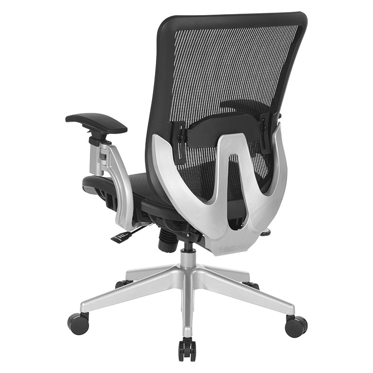 Black Vertical Mesh Seat and Back Chair with Height Adjustable Lumbar
Support, Height Adjustable Padded Arms and Silver Angled Nylon Base