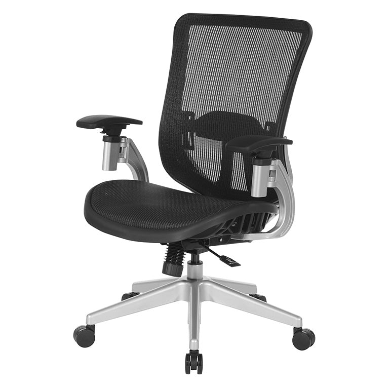 Black Vertical Mesh Seat and Back Chair with Height Adjustable Lumbar
Support, Height Adjustable Padded Arms and Silver Angled Nylon Base