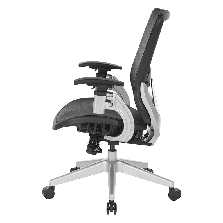 Black Vertical Mesh Seat and Back Chair with Height Adjustable Lumbar
Support, Height Adjustable Padded Arms and Silver Angled Nylon Base