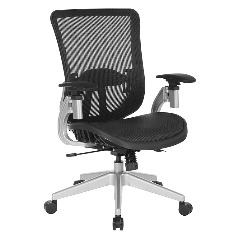 Black Vertical Mesh Seat and Back Chair with Height Adjustable Lumbar
Support, Height Adjustable Padded Arms and Silver Angled Nylon Base
