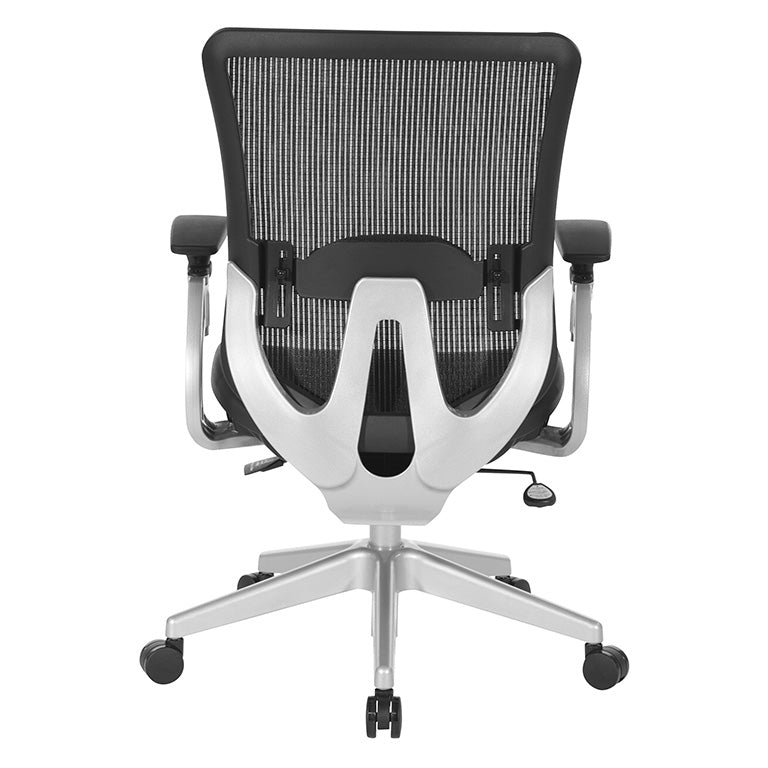 Black Vertical Mesh Seat and Back Chair with Height Adjustable Lumbar
Support, Height Adjustable Padded Arms and Silver Angled Nylon Base