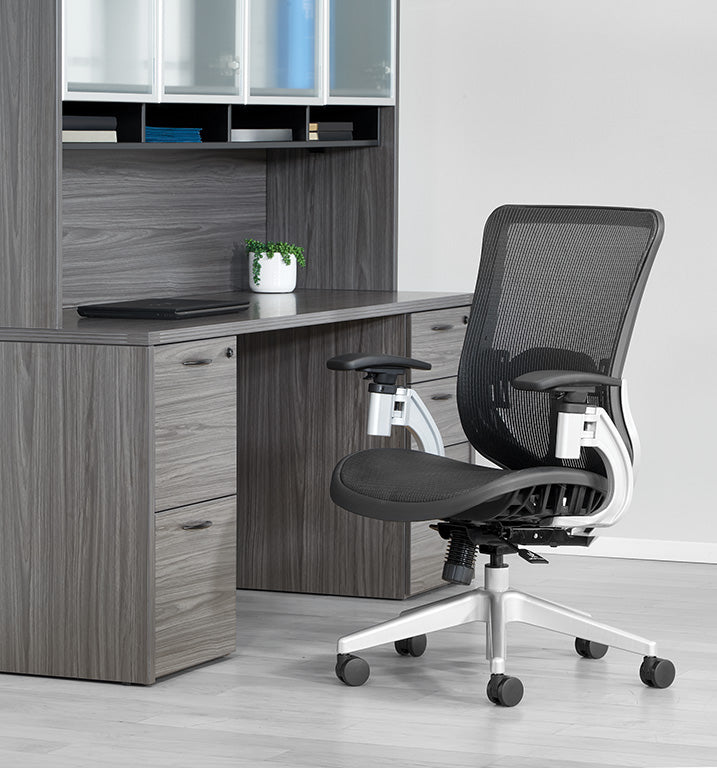 Black Vertical Mesh Seat and Back Chair with Height Adjustable Lumbar
Support, Height Adjustable Padded Arms and Silver Angled Nylon Base
