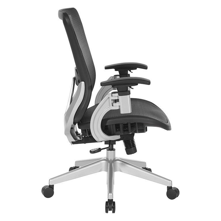 Black Vertical Mesh Seat and Back Chair with Height Adjustable Lumbar
Support, Height Adjustable Padded Arms and Silver Angled Nylon Base