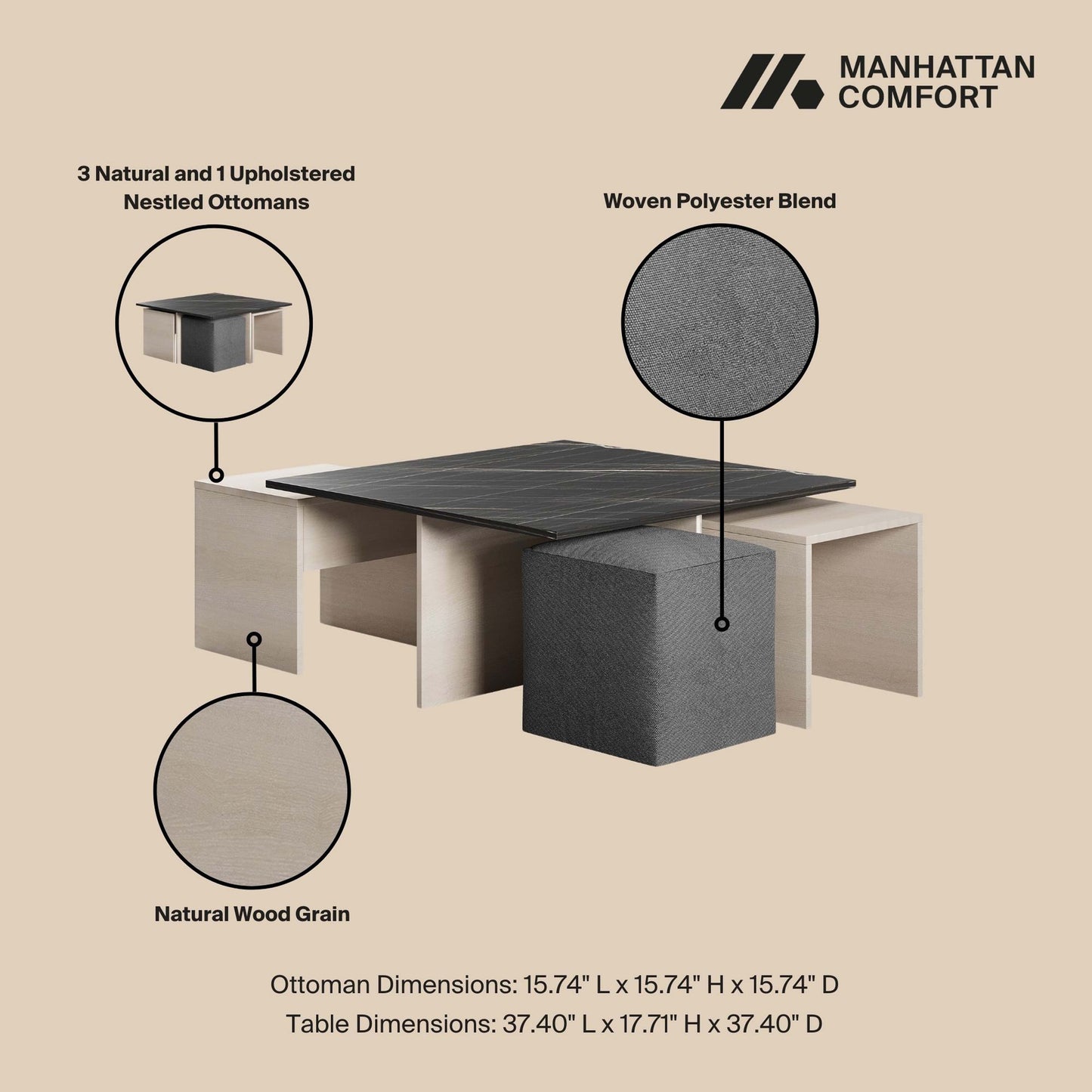 Manhattan Comfort Haley Coffee Table and Ottoman Set