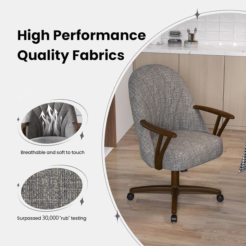 Chromcraft ZIP Ship CM127 Casual Dining Chair Caster Swivel Tilt Fabric Dinning Chair in Walnut Finish