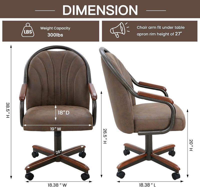 Chromcraft Douglas D7775 Casual Dining Chair Caster Swivel Tilt Fabric Dinning Chair in Walnut Wood and Texture Bronze Metal Finish (Mocha Fabric)