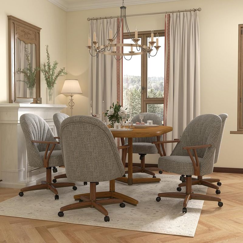 Chromcraft ZIP Ship CM127 Casual Dining Chair Caster Swivel Tilt Fabric Dinning Chair in Walnut Finish