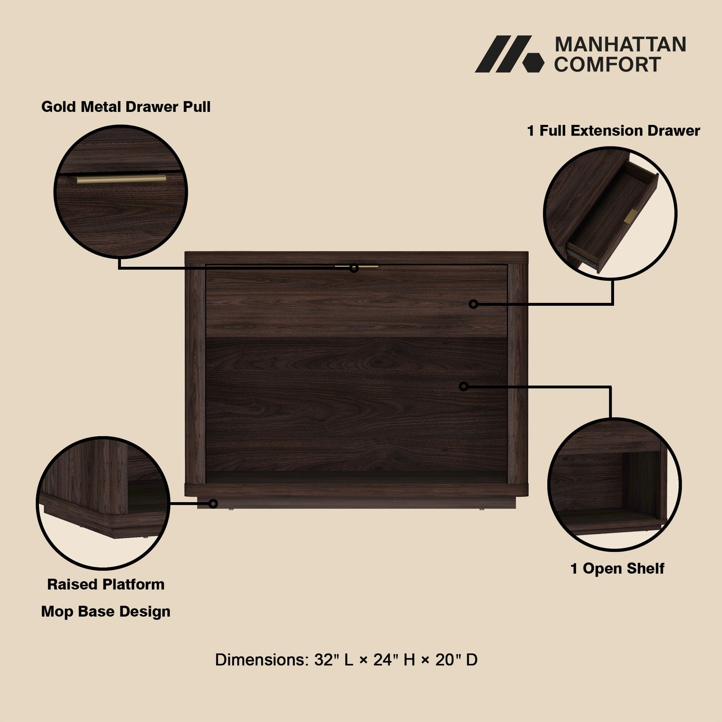 Manhattan Comfort Evelyn 32" Nightstand 2.0