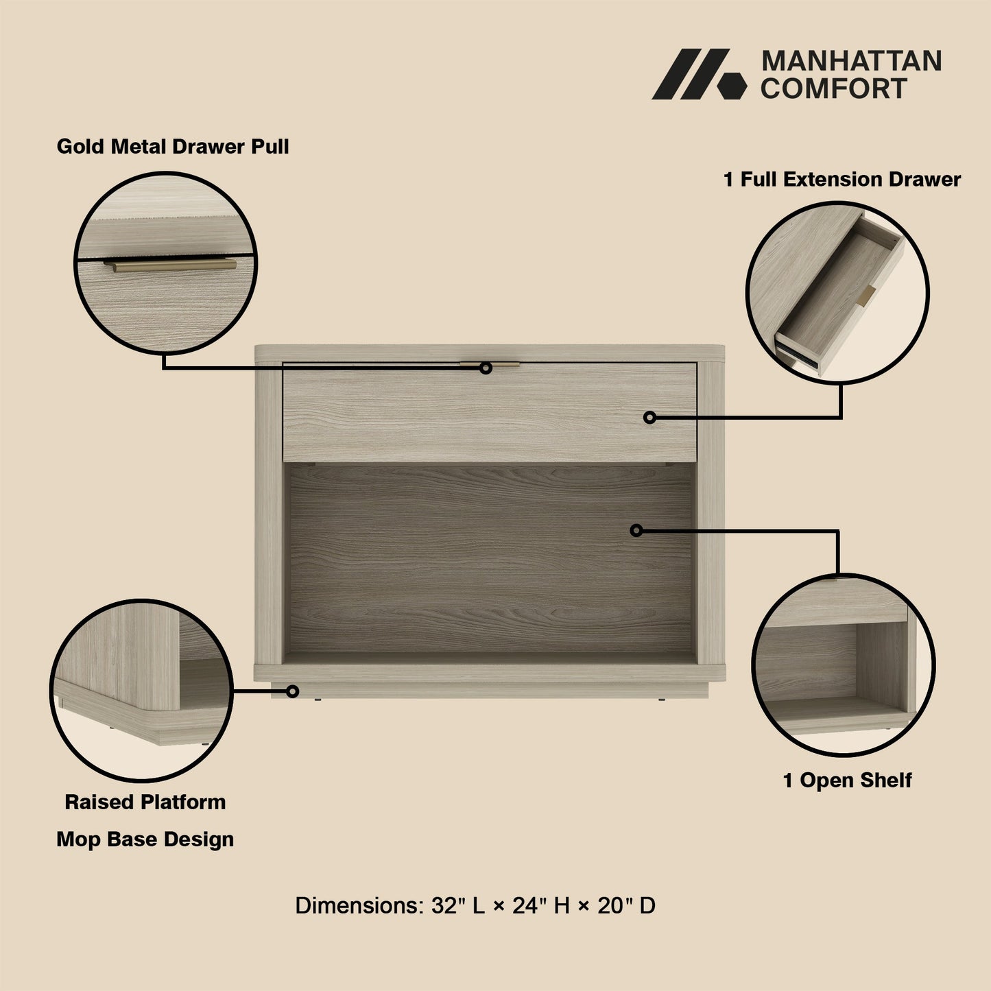 Manhattan Comfort Evelyn 32" Nightstand 2.0