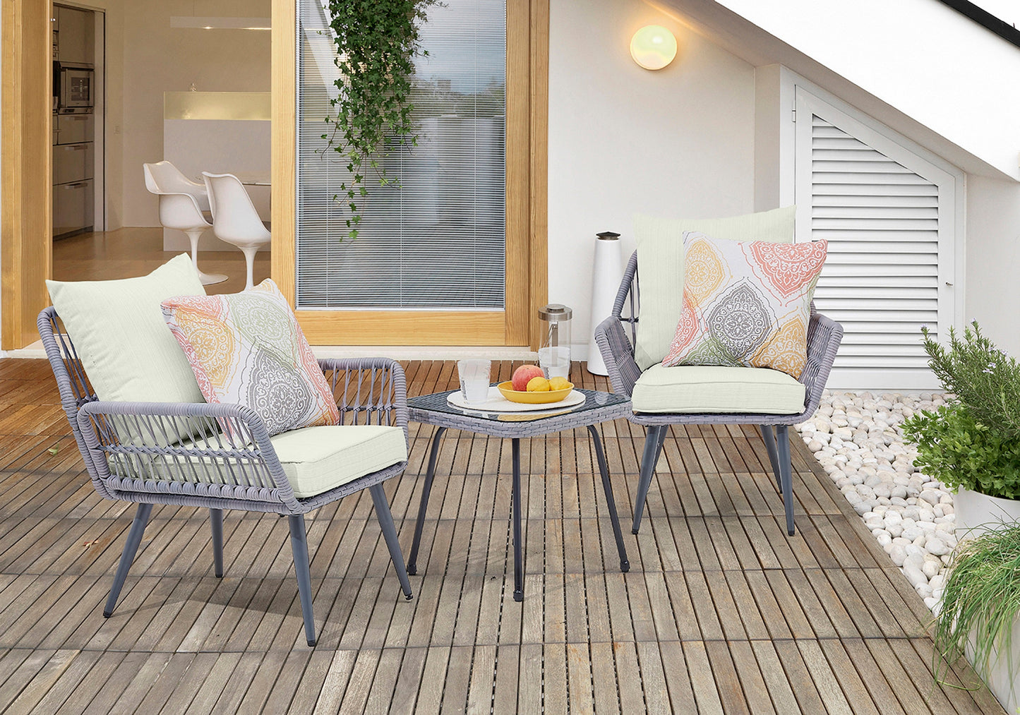 Manhattan Comfort 3-Piece Cannes Patio 2- Person Seating Group with End Table