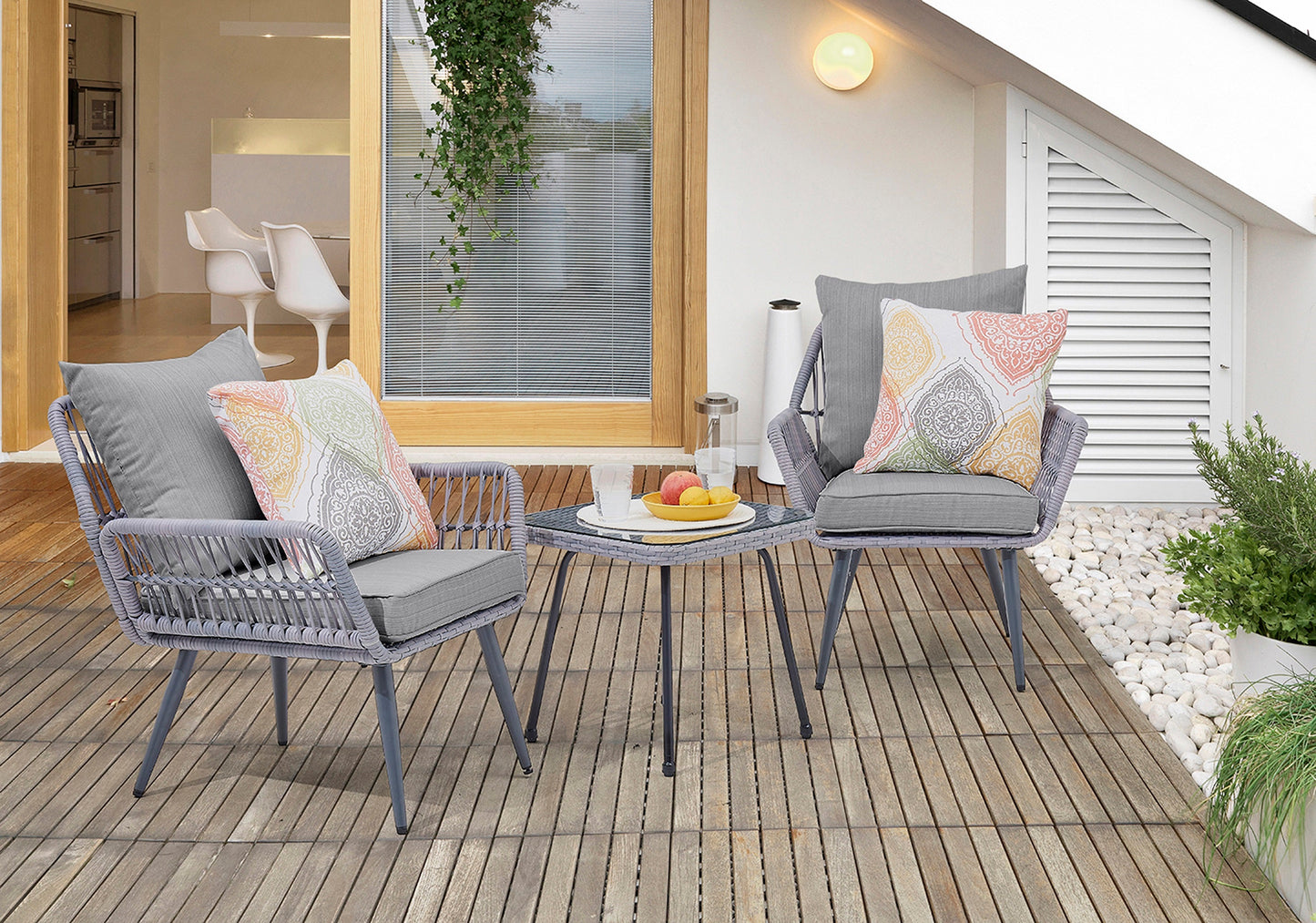 Manhattan Comfort 3-Piece Cannes Patio 2- Person Seating Group with End Table