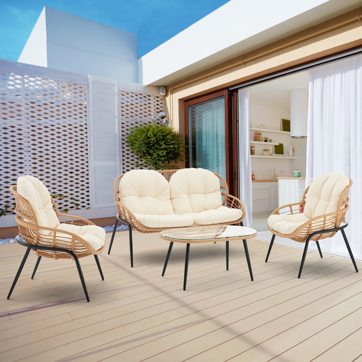 Manhattan Comfort 4-Piece Pine Patio Conversation Set