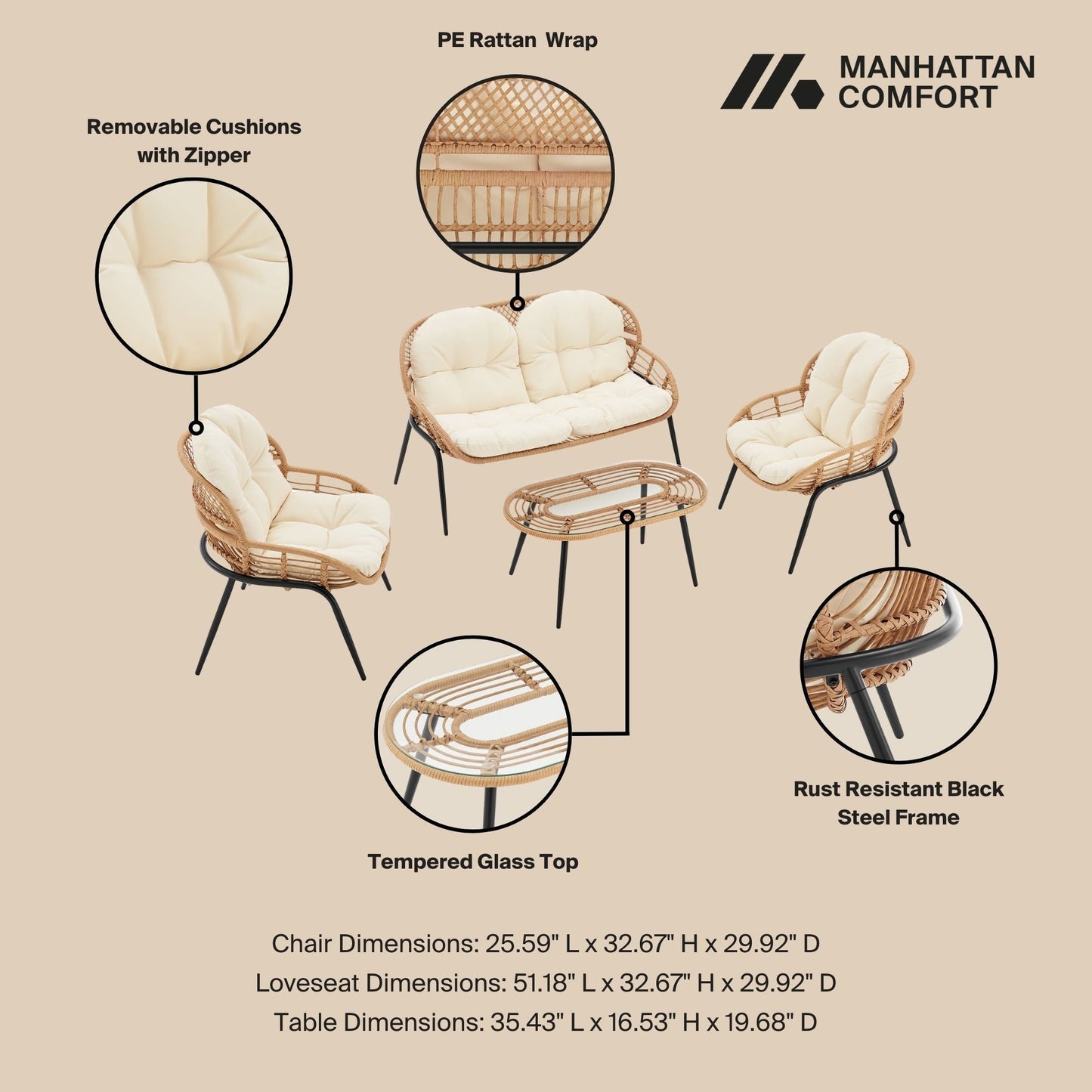 Manhattan Comfort 4-Piece Pine Patio Conversation Set