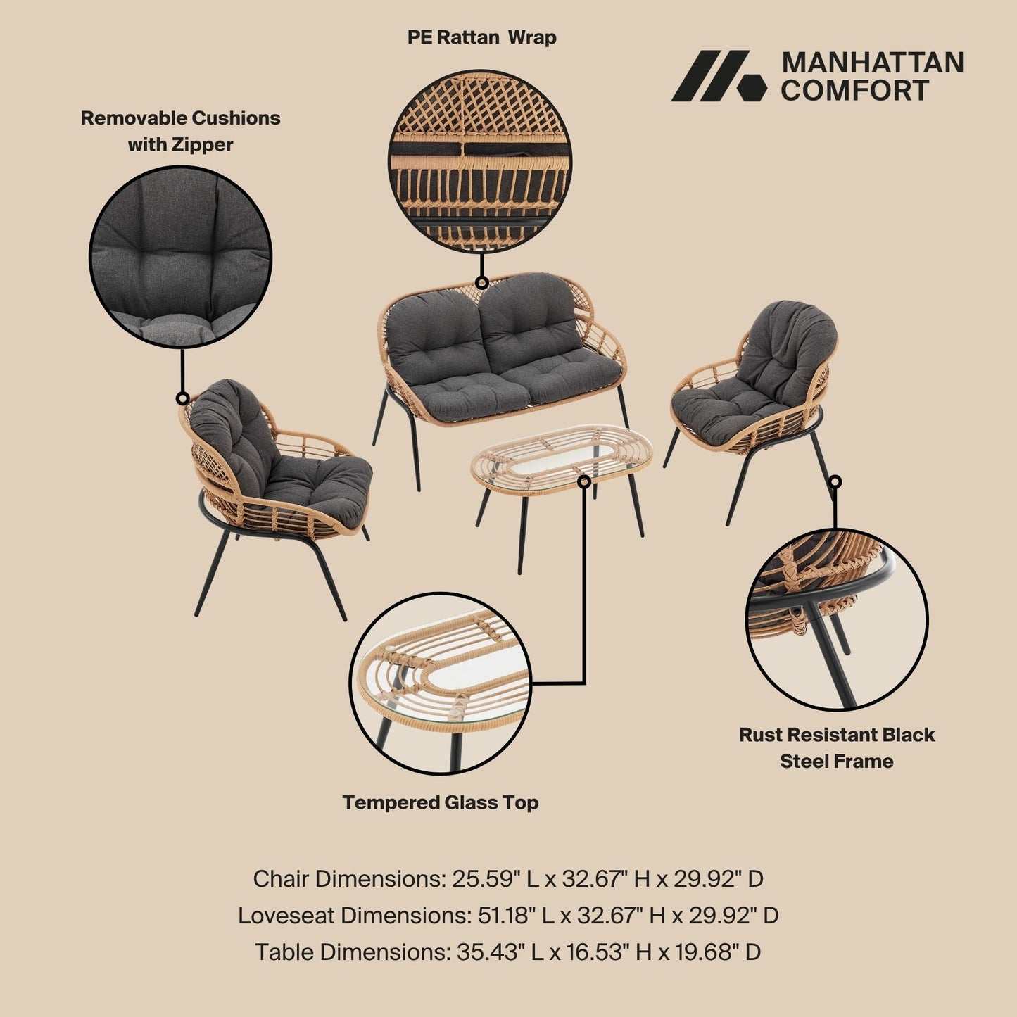Manhattan Comfort 4-Piece Pine Patio Conversation Set