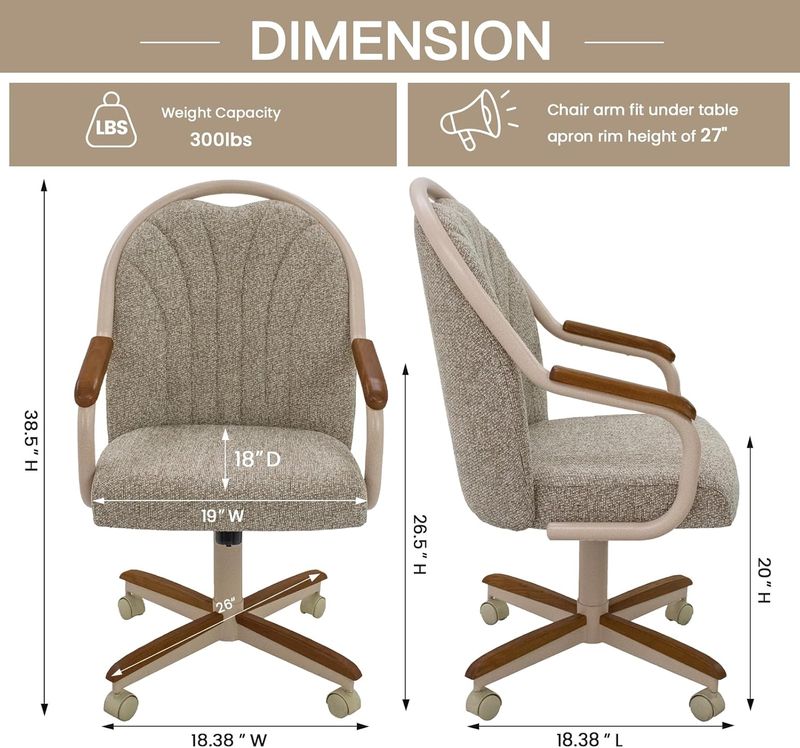 Chromcraft Douglas D7775 Casual Dining Chair Caster Swivel Tilt Fabric Dinning Chair in Walnut Wood and Texture Bronze Metal Finish
