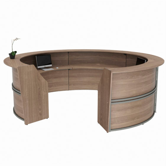 Curved Reception Desk with Counter, 5 Units, 142”W x 133”D