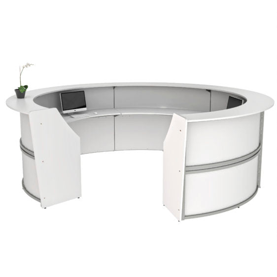 Curved Reception Desk with Counter, 5 Units, 142”W x 133”D