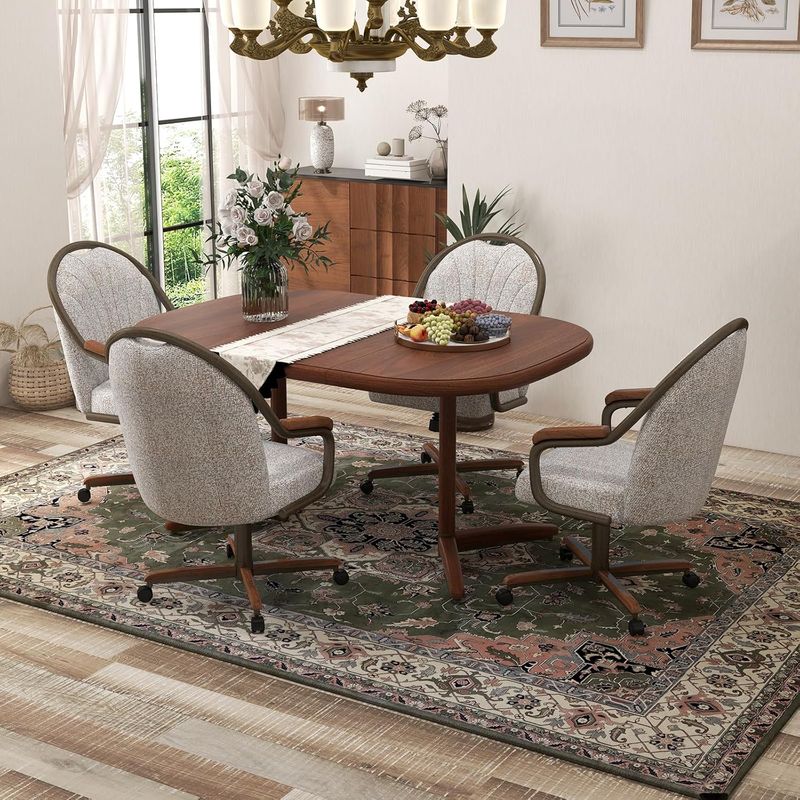 Chromcraft Douglas D7775 Casual Dining Chair Caster Swivel Tilt Fabric Dinning Chair in Walnut Wood and Texture Bronze Metal Finish (#31 Fabric)