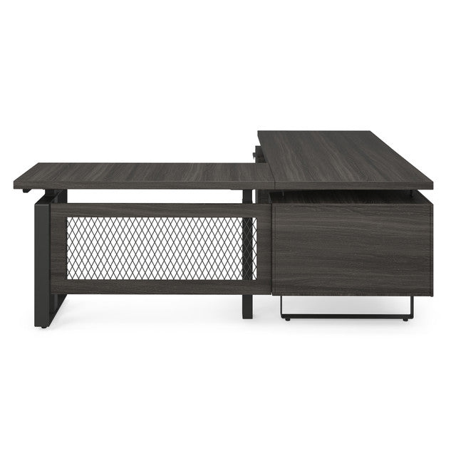 OfficeSource | Palisades | Industrial L-Shaped, Height Adjustable Desk with Single Pedestal