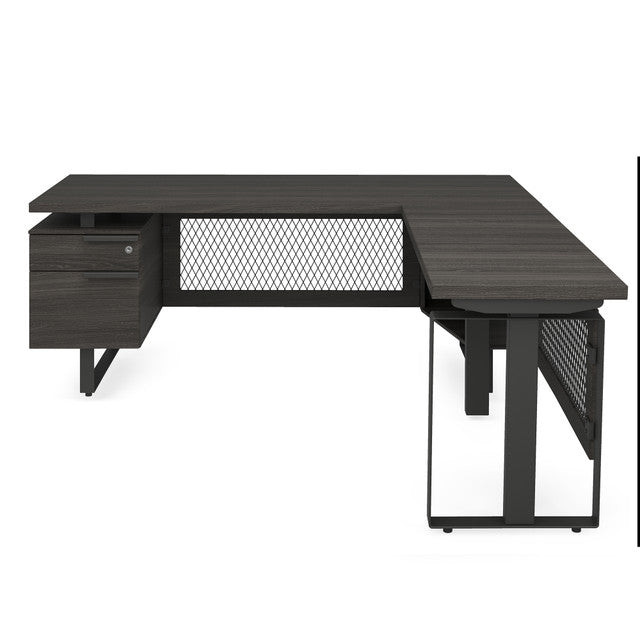 OfficeSource | Palisades | Industrial L-Shaped, Height Adjustable Desk with Single Pedestal